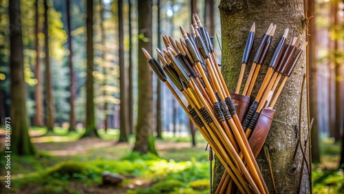 A quiver of arrows resting against a tree in a forest , archery, weapon, arrows, hunting, target, outdoors, equipment, bow, traditional, medieval, forest, nature, supplies, ammunition