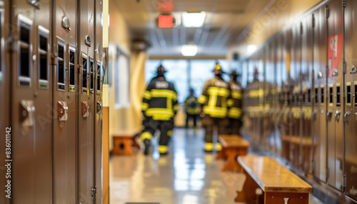 a of a fire station's locker room with lockers and benches, featuring a blurred background of firefighters getting ready for their shift, Interior, fire station, ind