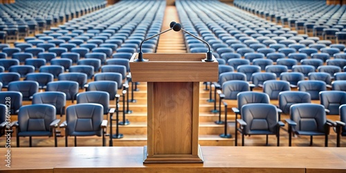 of a lectern with microphones in front of an empty audience , presentation, speech, stage, lectern, podium, conference, lecture, event, public speaking, communication, address, audience
