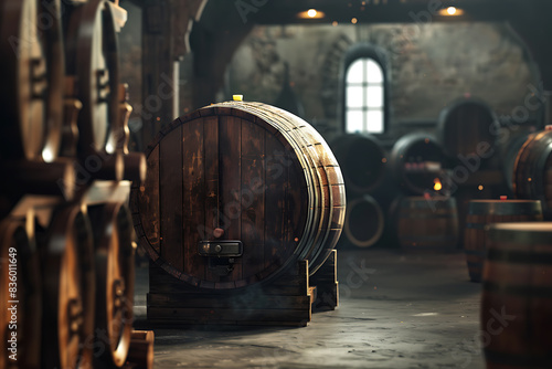 A wine barrel in a wine cellar filled with numerous other barrels, showcasing a rich collection of aging wine.