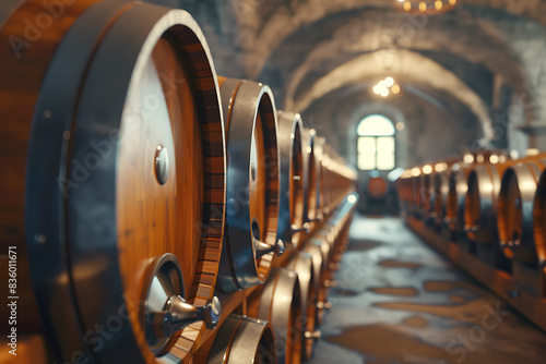 A wine barrel in a wine cellar filled with numerous other barrels, showcasing a rich collection of aging wine.