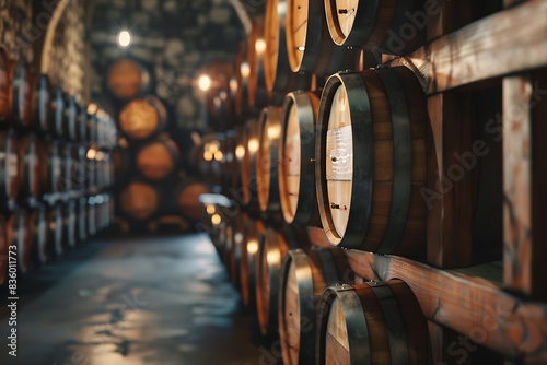 A wine barrel in a wine cellar filled with numerous other barrels, showcasing a rich collection of aging wine.