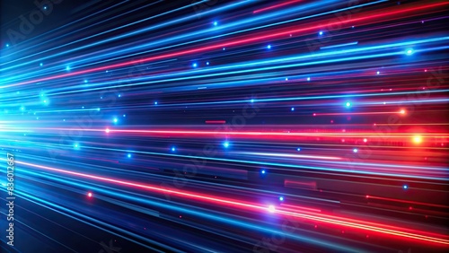 Futuristic glowing blue and red light lines with speed motion blur on dark blue background, technology, abstract, futuristic, glowing, blue, red, light lines, speed, motion blur