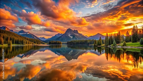 Vibrant orange sunset over a serene mountain landscape reflecting in a calm lake , sunset, sky, landscape, mountain, nature, sun, clouds, wave, orange,sunrise, wallpaper, evening, design, dusk