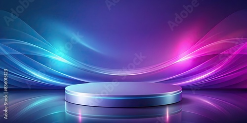 A sleek podium with product placement on an abstract gradient background of purple and blue tones with smooth curves and blurred shapes , podium, product placement, abstract background