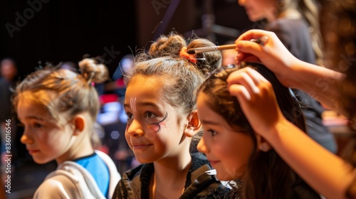 Young actors backstage before a theater performance, getting their makeup applied and costumes adjusted