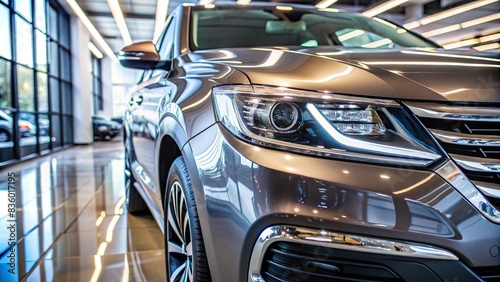 A close-up photo of a shiny brand new car on display in a modern showroom , car, vehicle, automobile, showroom, luxury, display, shiny, new, transportation, sales, dealership, retail
