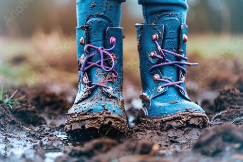 A child in dirty boots standing on sleet, soggy soil. Dirt. Rainy weather. Children shoes with violet shoelaces