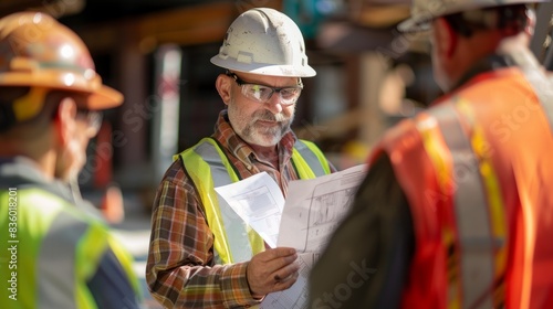 A close-up of construction workers wearing hard hats and safety vests as they review plans and blueprints on a construction site