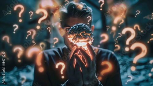 A person holds a glowing brain model in their hands, surrounded by floating question marks in a dark setting