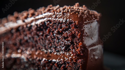 A close-up shot of a slice of decadent chocolate cake showcasing the glossy ganache icing and delicate crumbs