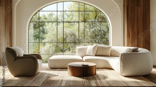 Explore a luxurious mid-century modern living room with a beige sofa and armchair, highlighted by arched windows in this stylish interior design.