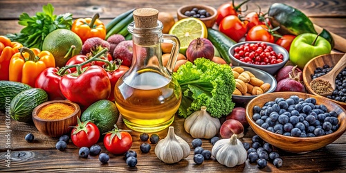 Border liver detox diet food concept with a variety of colorful fruits, vegetables, nuts, olive oil, and garlic on a wooden table , detox, diet, food, fruits, vegetables, nuts, olive oil