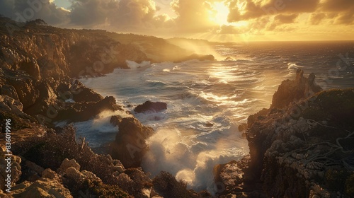 A breathtaking panoramic view of a rugged coastline at sunset, featuring waves crashing against the cliffs and golden light illuminating the scene