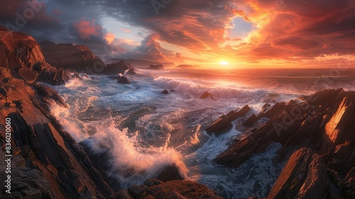 A breathtaking panoramic view of a rocky coastline at sunset, featuring powerful waves crashing against rugged cliffs