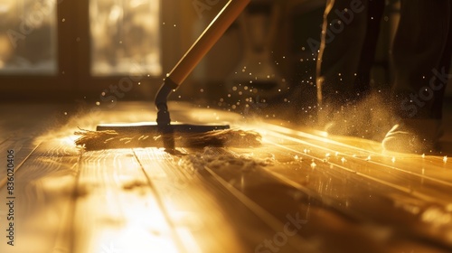 A close-up image of someone mopping hardwood floors in a sunlit room. The mop is in motion, creating a trail of dust and light