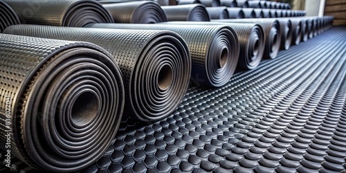 Rolled up black rubber mats in the foreground, creating a sense of depth and pattern, rubber, mats, black, rolled up, foreground, depth, pattern, texture, material, flooring, surface