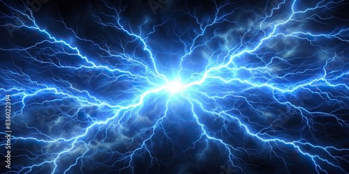 A detailed image of a powerful blue lightning strike with a fractal pattern, illuminating a dark void , lightning, blue, powerful, fractal, pattern, electricity, energy, storm, dark, void