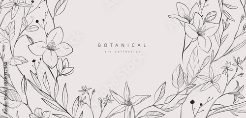 Floral bakground or wallpaper with bouquet of various flowers. Botanical foliage for wedding invitation or wall art. Vector illustration. Luxury inked