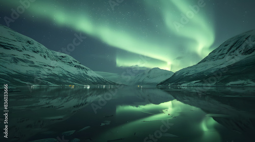The aurora borealis swoops and sways in the frozen Arctic night sky, small town houses covered with snow, snowy mountains. 