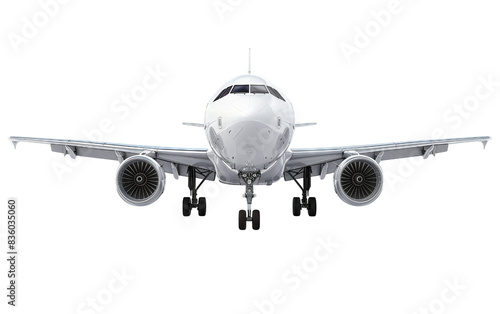 Front view of a passenger airplane in flight, showing its full structure, isolated on a white background. Ideal for travel and aviation themes.