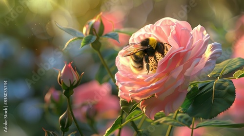 Bumblebee collecting nectar from a beautiful pink rose.
