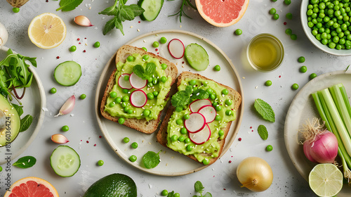 Two whole wheat bread avocado hummus toast with radish slices and peas, placed in the center of a small