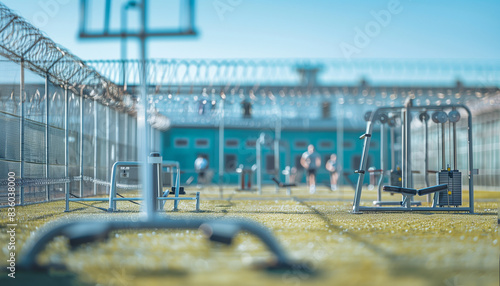 a of a prison yard with exercise equipment and inmates walking, capturing a blurred background of the prison walls and barbed wire, Prison, Building Exterior, Prison