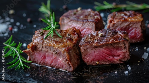 Juicy, rare steak pieces with a crispy outer layer, garnished with fresh rosemary.