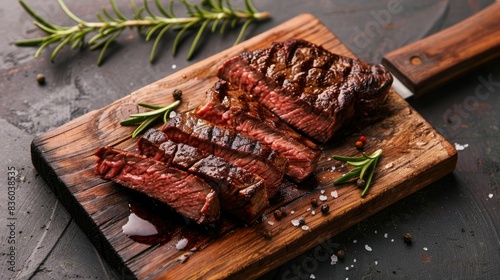 Juicy steak slices with a crisp crust, rare inside, garnished with fresh rosemary.