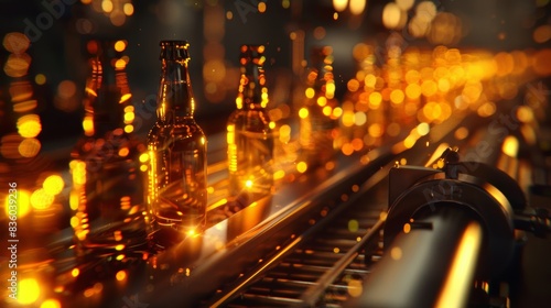 Beer bottles on the conveyor belt, alcohol, beer, drink, beverage, bottles, cold, glass, brewery, water, Factory, liquor, pub, industry.