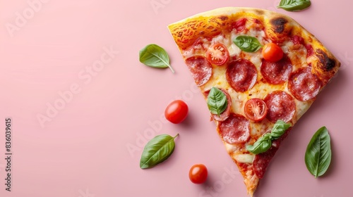 Pizza slice, pepperoni pizza with cherry tomatoes and fresh basil leaves. Pink pastel background