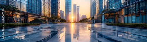 Contemporary urban square surrounded by modern glass office towers hosting public events in the financial district of a metropolis at sunset