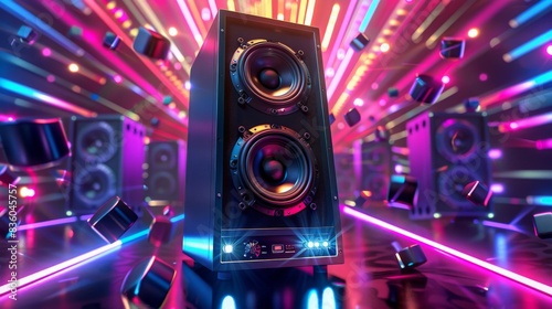 Black speaker with dual woofers and LED lights in a vibrant, neon-lit environment with colorful lights and reflections, emphasizing music and entertainment. Concept of sound technology, party atmosphe