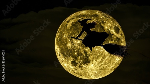 A witch on a broomstick flies against the background of a large moon. The witch in the hood with high resolution