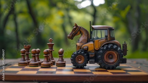giocattolo di trattore con la testa del cavallo degli scacchi intimidisce pedoni, re e torre con la sua presenza sulla scacchiera in mezzo alla natura