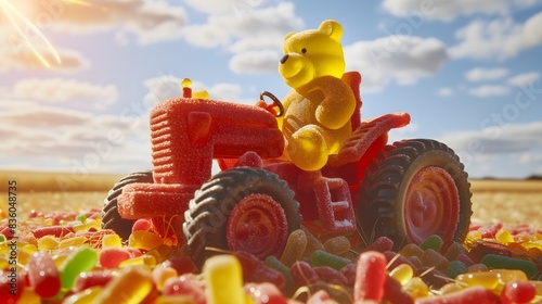 illustrazione di orsetto di gomma su un trattore di gomma in un mondo di zucchero