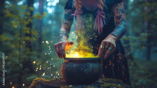 Tattooed woman making a magical potion in the forest. A witch brews a elixir in a cauldron. Concept of mystery, witchcraft, alchemy, nature magic