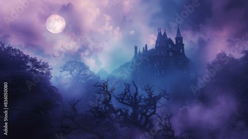 Mysterious large house at twilight surrounded by fog. Concept of haunted mansion, spooky atmosphere, eerie twilight, mysterious architecture, Halloween