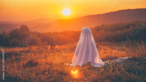 Child in a ghost costume at sunset in a field. Young kid dressed as a ghost enjoying Halloween outdoors. Halloween costume, sunset, nature, childhood adventure concept