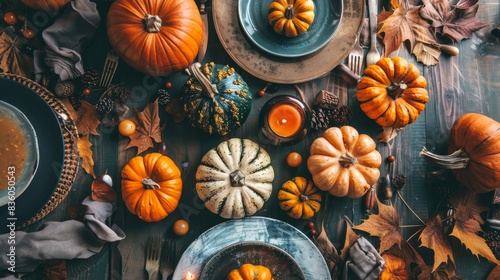 Autumn-themed table setting with pumpkins and leaves. Concept of fall decoration, harvest celebration, rustic dining, festive arrangement. Top view