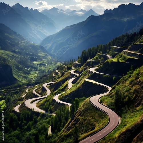 Beautiful mountain landscape with winding road in Caucasus mountains, Georgia.