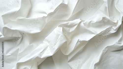 White crumpled fabric texture. Detailed fabric folds. Soft and smooth texture.