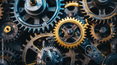 A close-up of industrial gears and cogs interlocking, highlighting the precision and complexity of engineering