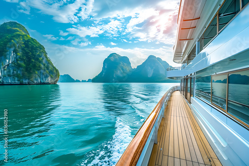 Luxurious Yacht Sailing Through Serene Waters with Stunning Limestone Cliffs and Clear Blue Sky in the Background, Perfect for Travel and Adventure Enthusiasts