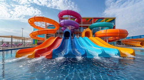 A lively water slide with colorful twists and turns set against a hotel backdrop, inviting visitors to enjoy an exhilarating ride.