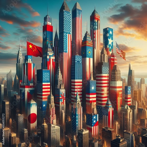 A Tale of Two Flags: China and America on Separate Buildings | Symbols of Cooperation: China and US Flags Displayed Separately | International Relations: Chinese and American Flags Wave Proudly | 