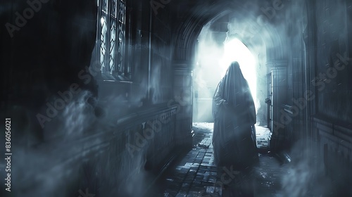 A dark figure stands in a stone hallway. The figure is wearing a long black cloak and a hood. The figure's face is hidden in the shadows.
