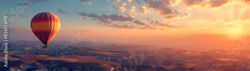 Hot air balloon ride over stunning Cappadocia at sunset with fairy tale landscapes