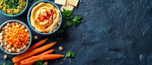 A top view of a delicious hummus dip with fresh vegetables and crackers on a dark textured background, ideal for healthy eating concepts.